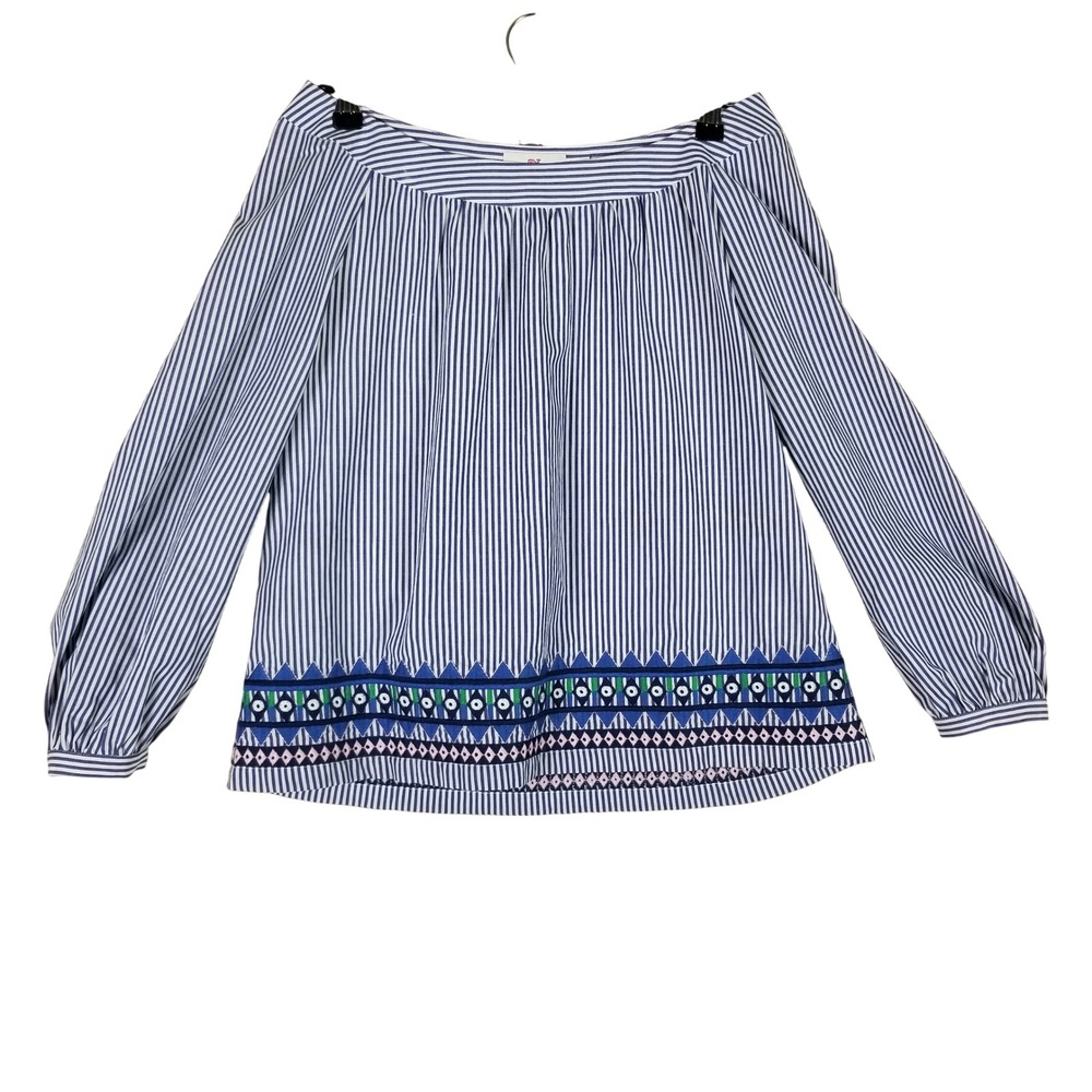 Vineyard Vines Blouse Womens S Blue Striped Embroidered Hem Boat Neck Cotton